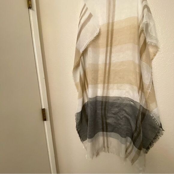 Tan beige gray plaid gauze semi sheer lightweight muslin scarf wrap 80x32 - Picture 3 of 8